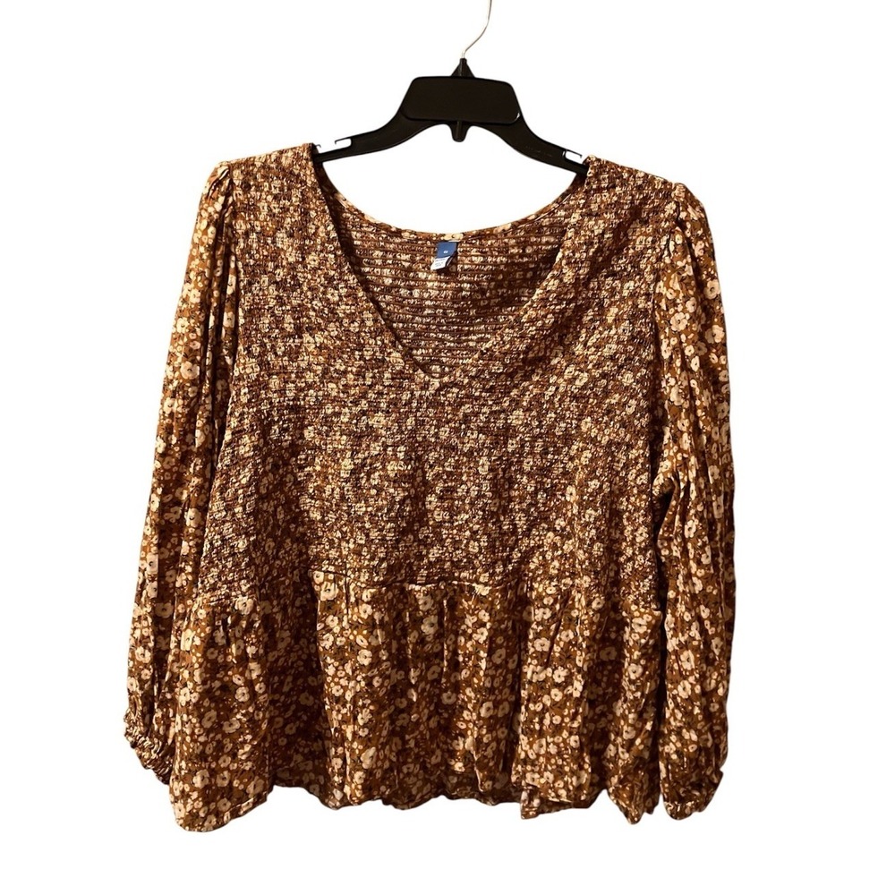 Old Navy Top‎ Sz 4X Brown Floral Smocked Peasant Blouse Boho Cottagecore